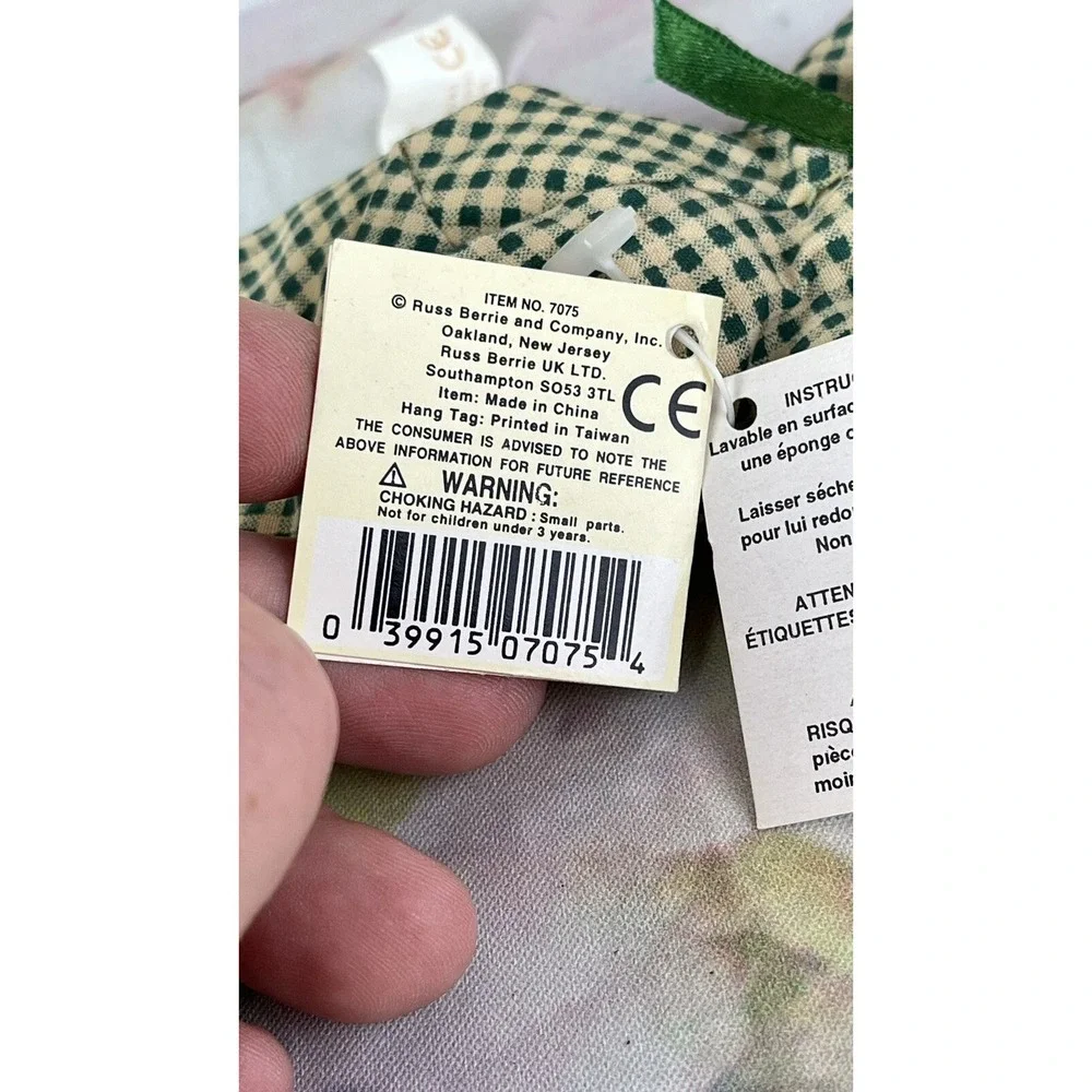 Teeny Beenies Green Gingham Frog Russ Berrie Cloth Body Ceramic Head #7075 Tags